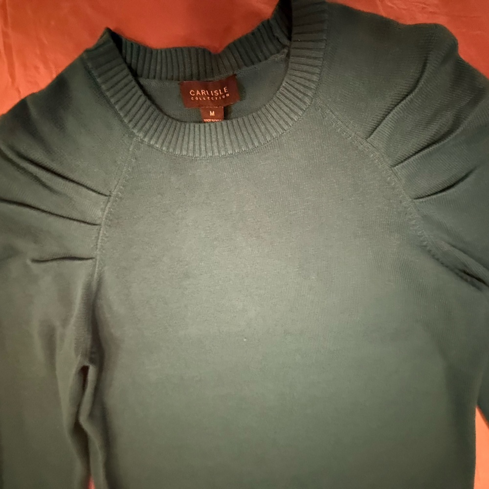 NWT Carlisle Green Cotton/Cashmere pleat shoulder sweater Size Medium - Picture 7 of 11